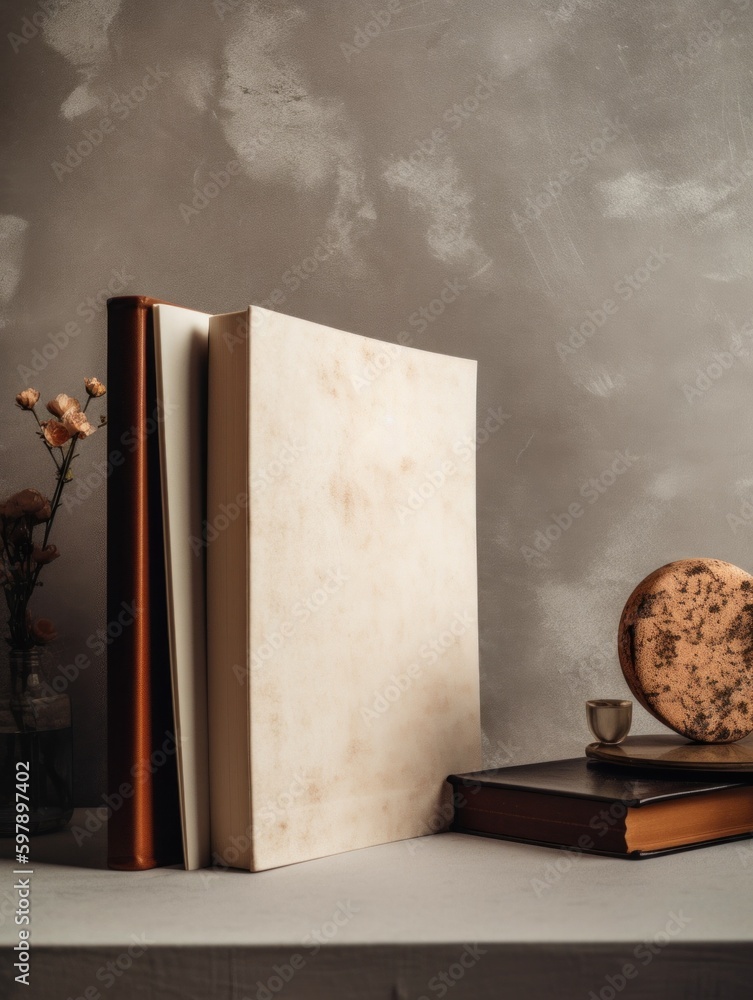 Poster a stack of books sitting on top of a table. ai generative image.