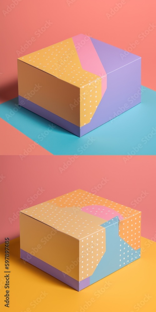 Poster two boxes with different designs on them on a colorful surface. ai generative image.