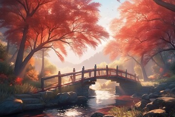 A scenic view of a curved wooden bridge over a river surrounded by majestic red maple trees in Japan. AI generative.