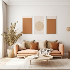 Frame mockup, cozy living room, modern nursery interior. Generative AI.