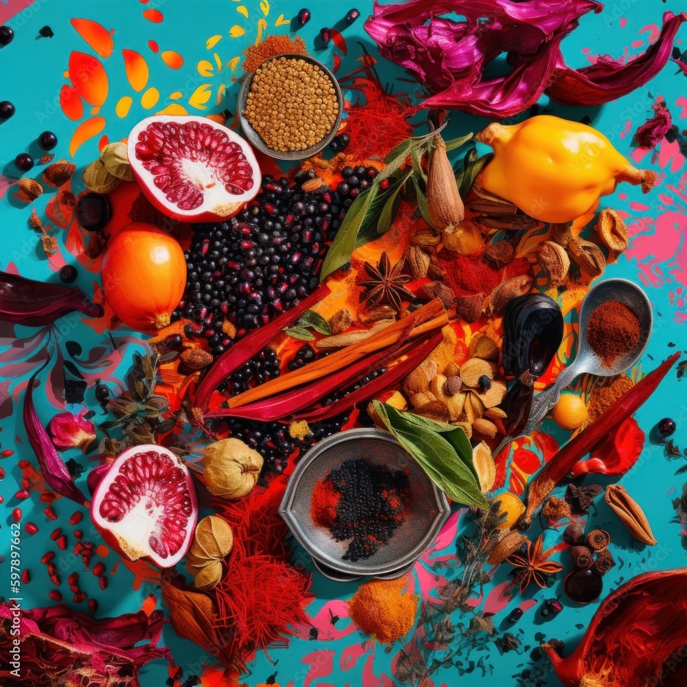 Poster a table topped with lots of different fruits and vegetables. ai generative image.