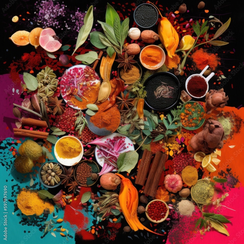 Aufkleber a table topped with lots of different types of spices. ai generative image.