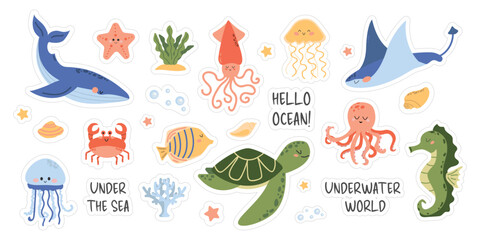 Set of Sea Animals Stickers. Cute whale, squid, octopus, stingray, jellyfish, fish, crab, seahorse. Algae and sea shells. Underwater life. Fish and wild sea animals isolated on white background. 