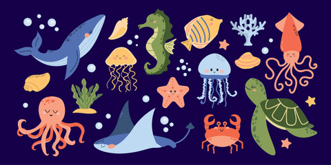 Vector set of marine life. Cute whale, squid, octopus, stingray, jellyfish, fish, crab, seahorse. Algae and sea shells. Fish and wild sea animals isolated on blue background. Cartoon style. 