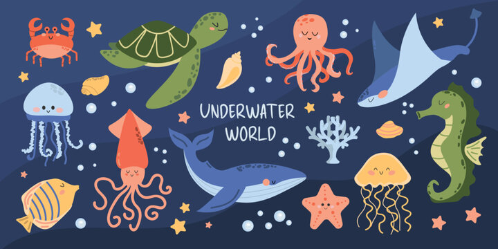 Vector set of marine life. Fish and wild marine animals isolated on blue background.Underwater life. Cute whale, squid, octopus, stingray, jellyfish, fish, crab, seahorse.Algae and sea shells.Cartoon.
