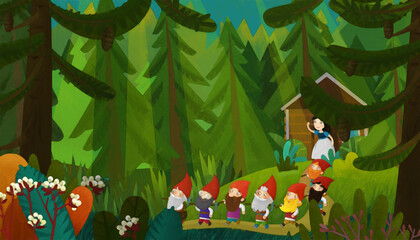 cartoon scene young princess and dwarfs in the forest artistic painting style