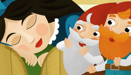 cartoon happy scene with princess and dwarfs in a room illustration artistic painting style