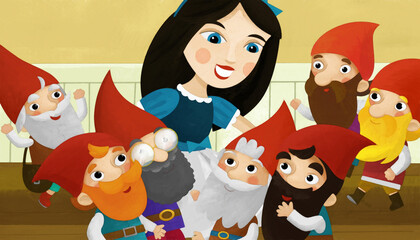 Obraz na płótnie Canvas cartoon happy scene with princess and dwarfs in a room illustration artistic painting style