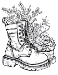 A pair of boots with flowers in them. AI generative.