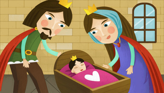 cartoon queen and king with son or daughter in castle artistic painting style
