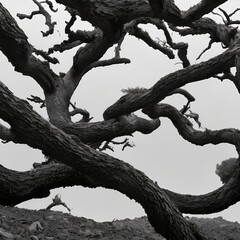 Fototapeta na wymiar A twisted and gnarled texture with twisted branches and roots2, Generative AI