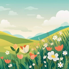 Fototapeta na wymiar Flowers on a hillside meadow on a bright summer day seasonal background generative AI illustration