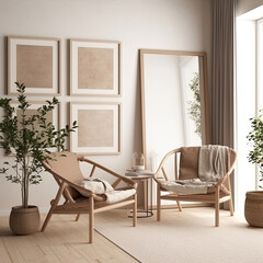 Frame mockup, cozy living room, modern nursery interior. Generative AI.