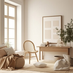Frame mockup, cozy living room, modern nursery interior. Generative AI.