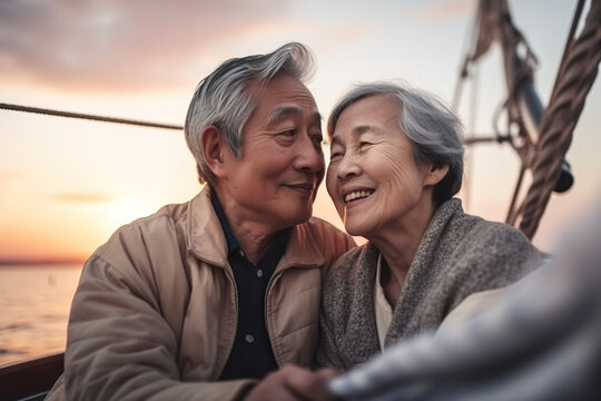 Smiling senior asian couple in love enjoying a romantic sunset on yacht, AI Generative