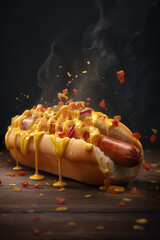 Barbecue grilled hot dogs with yellow american mustard. Delicious hotdog. Fresh hot dog with sausage and sauces mayonnaise ketchup and mustard. 3D realistic illustration. Generative AI