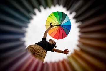 Joven con paraguas de colores, fotografía con plano nadir