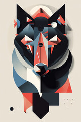 Wolf head, Bauhaus style background, trendy 20s geometric design poster design, AI generative digital art.