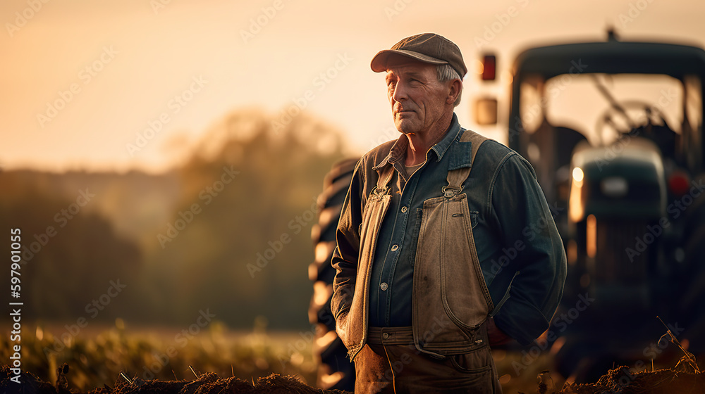 Poster a man standing in a field next to a tractor. ai generative.