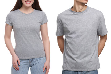 People wearing grey t-shirts on white background, closeup. Mockup for design
