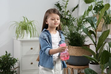 Cute little girl spraying beautiful green plant at home. House decor