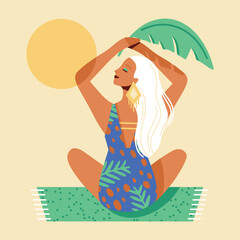 Vector illustration on the theme of summer holidays. beautiful tanned girl in a blue swimsuit sunbathes on the beach in the shade of palm tree. Summer holidays, resorts, hotels, beaches.
