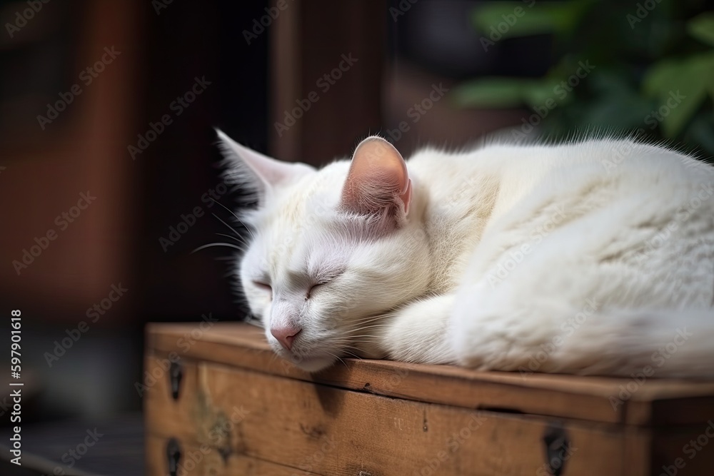 Poster white kitten at rest asleep on the top of a wooden table generative ai