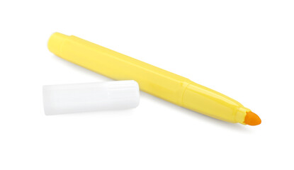 Bright yellow marker and cap isolated on white. School stationery
