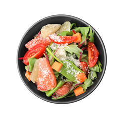 Delicious salad with pomelo, shrimps and tomatoes in bowl on white background, top view