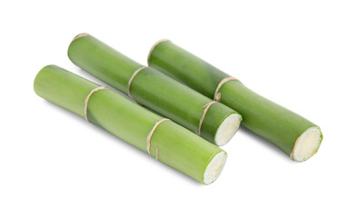 Pieces of beautiful green bamboo stems on white background