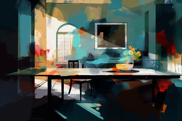 Desk Office Painting Collage Cubist Abstract Work from Home Expressive Light Shadow Generative AI