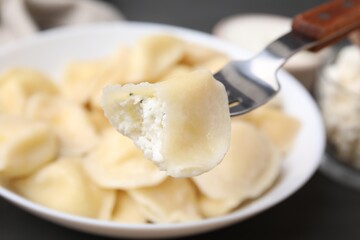 Delicious dumpling (varenyk) with cottage cheese on fork over bowl, closeup