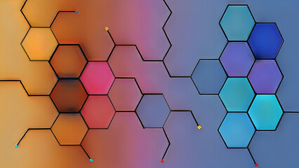 Abstract crossover of warm and cool-colored hexagons - obrazy, fototapety, plakaty