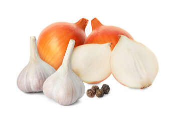 Fresh onions, garlic bulbs and peppercorns on white background