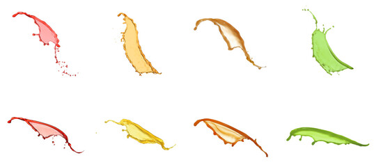 Collage with splashes of different juices isolated on white