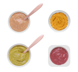Set of baby food isolated on white, top view