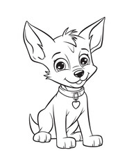 Hand drawn vector coloring page of a cartoonish puppy. Coloring page for kids and adults. Print design, t-shirt design, tattoo design, mural art, line art. 