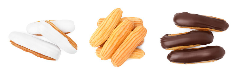 Collage with different tasty eclairs on white background, top view