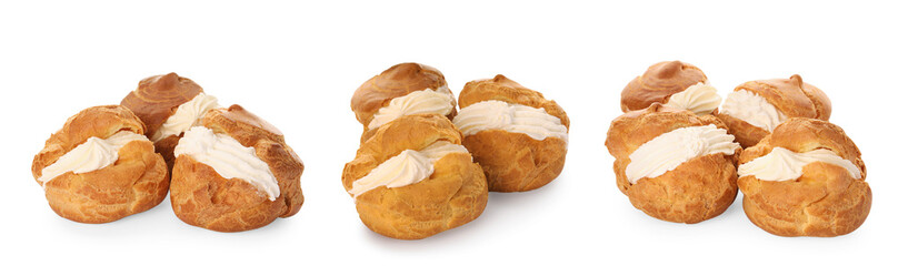 Delicious profiteroles with whipped cream filling on white background, collage design