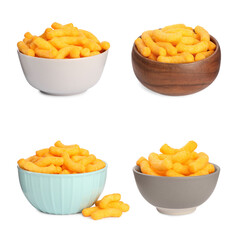 Bowls with tasty corn sticks on white background, collage design