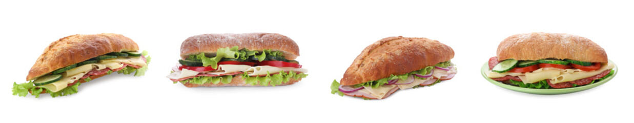 Set with different delicious sandwiches on white background
