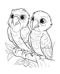 Hand drawn vector coloring page of cartoonish pair of Rio Parrot in a jungle. Coloring page for kids and adults. Print design, t-shirt design, tattoo design, mural art, line art. 