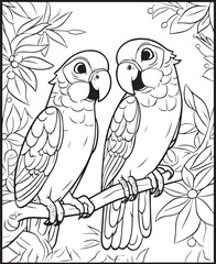 Hand drawn vector coloring page of cartoonish pair of Rio Parrot in a jungle. Coloring page for kids and adults. Print design, t-shirt design, tattoo design, mural art, line art. 