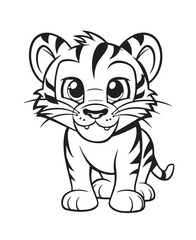 Hand drawn vector coloring page of cartoonish tiger cub. Coloring page for kids and adults. Print design, t-shirt design, tattoo design, mural art, line art. 