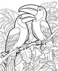 Hand drawn vector coloring page of a pair of Toucan in a Jungle. Coloring page for kids and adults. Print design, t-shirt design, tattoo design, mural art, line art.  © Maria designs