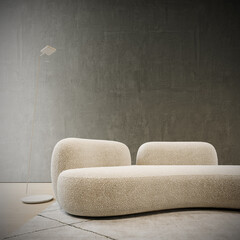 Modern white sofa with empty concrete wall background. Contemporary interior design. 3D Rendering, 3D Illustration