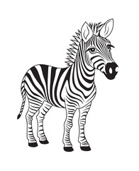Hand drawn vector coloring page of cartoonish Zebra. Coloring page for kids and adults. Print design, t-shirt design, tattoo design, mural art, line art. 