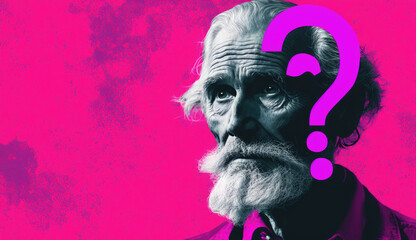 Portrait of an old man wondering, on magenta background, generative ai illustration