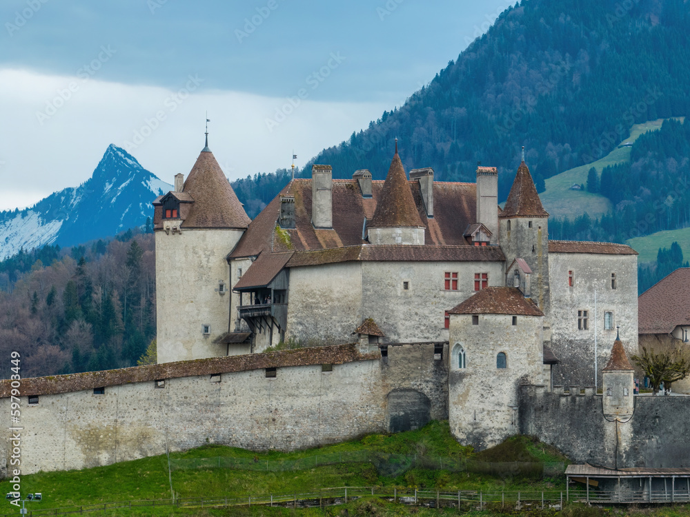 Sticker Famous Gruyere Castle in Switzerland also called Schloss Greyerz - travel photography