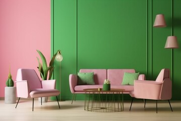 interior background mock up empty pink floor green light three-dimensional carpet apartment comfortable cushion. Generative AI.
